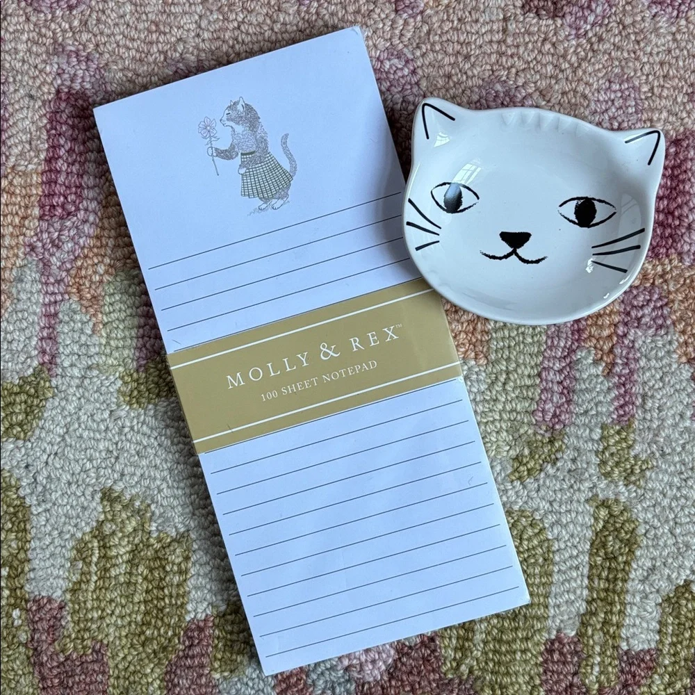 Cat x 2 Molly & Rex Girlish Cat with flower notepad + white cat face bowl